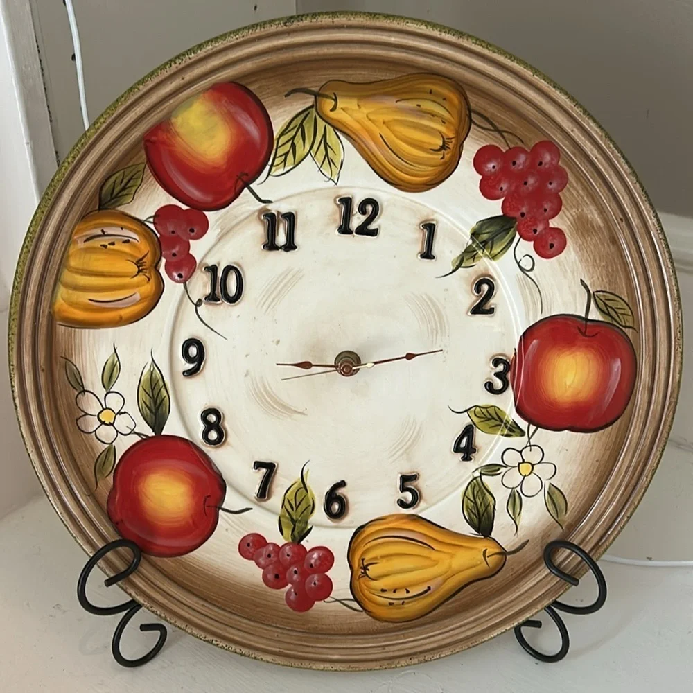Vintage Rainbow Ceramic Wall Clock Fruit Flowers 13 1/4” diameter